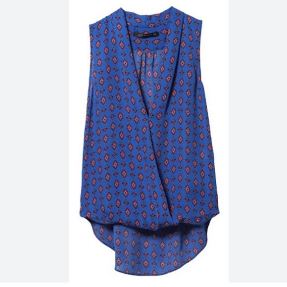 Zara blue red crossover top, Ladies medium sleeveless hi low surplice blouse - Picture 8 of 8